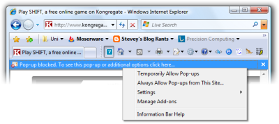 Pop up blocking in Internet Explorer