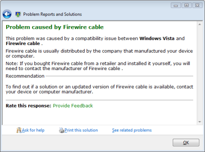 Windows Vista Problem Report: Problem caused by Firewire cable