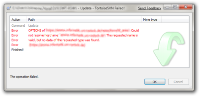 TortoiseSVN “Update” dialog showing an error message